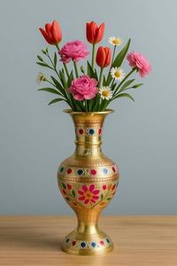 Vase à fleurs en laiton artisanal, design moderne gravé Meenakari traditionnel, finition polie, décoration pour la maison et le bureau, grand et durable - Product Image 2