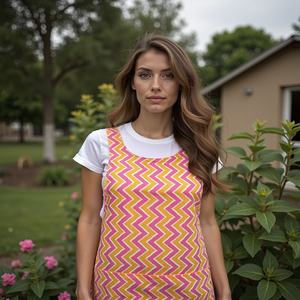 Tablier en coton Zig Zag jaune rose moderne sans manches pour filles, tissu doux et robuste, confort décontracté, réutilisable, design intemporel pour - Product Image 1