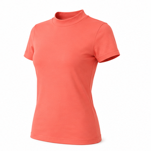 Camiseta de Manga Corta con Cuello Redondo para Mujer, Color Coral Brillante, Corte Ajustado, Ligera, de Algodón y Elastano - Product Image 3