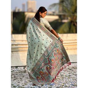 ผ้าไหมบาลูชารีสีฟ้าอ่อนลายทอซารีสำหรับงานกลางคืน น้ำหนัก 650 กรัม - Product Image 4