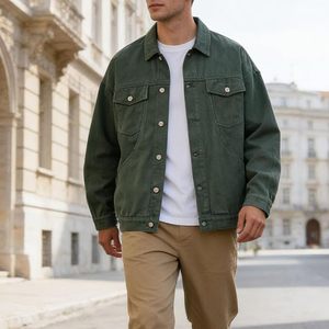 Men's Green Denim Jacket Casual Button Front Solid Color Regular Fit Autumn Breathable 100% Cotton Woven Topstitch - Product Image 4