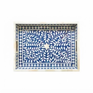 Bandeja Rectangular Decorativa de Lujo Hecha a Mano con Incrustaciones Florales Azules para Mesa de Centro, Otomana y Decoración de Tocador - Product Image 1