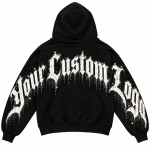 Sudadera con capucha unisex oversize de forro polar con cremallera, estilo hip hop, con estampado de purpurina y diseño frontal de letras de diamantes de imitación negros, 100% - Product Image 2