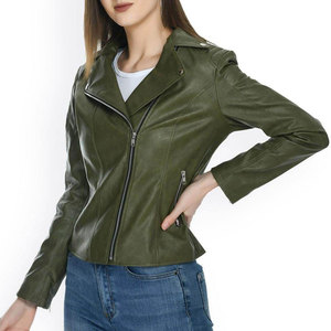 Veste en cuir PU vert olive pour femme, style moto, manches longues, fermeture éclair, col rabattu, style automne - Product Image 5