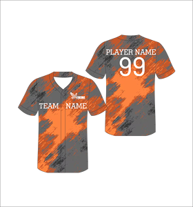 Maillot de baseball personnalisé sublimé orange et gris camouflage, col en V, manches courtes, anti-humidité, uniforme d'équipe unisexe, entièrement boutonné - Product Image 1