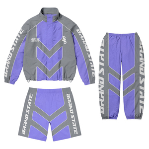 Custom <b>Men</b>’s Windbreaker Tracksuit Set Blue Grey Color Block Sportswear <b>Jacket</b> and Shorts Set Streetwear Athletic Training Suit - Product Image 2