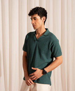 Polo de Algodón Verde para Hombre, Manga Corta, Corte Regular, Cuello en V, Color Sólido Informal, Tejido de Punto Transpirable - Product Image 3