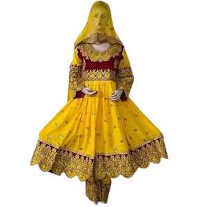Robes de mariée modernes brodées à la main avec des appliques en dentelle et des volants, style afghan Kuchi, grandes tailles, manches longues, combinaison jaune et rouge - Product Image 1
