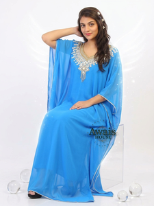 Women's Royal Blue <b>Chiffon</b> Polyester Floor-Length V-Neck Beaded Modest Elegant Evening Dress Long Sleeve A-Line <b>Jacket</b> Natural - Product Image 6
