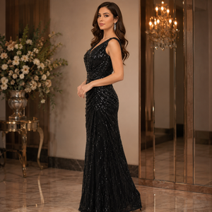 Women Black <b>Sequin</b> Maxi Dress V Neck Sleeveless Ruched Bodycon Evening Gown Elegant Sparkle Formal Wedding Party Prom Cocktail - Product Image 3