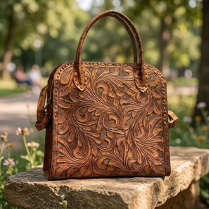 Bolso de Mano de Cuero Genuino Hecho a Mano para Mujer – Bolso de Hombro y Tote con Grabado Floral Vintage - Product Image 1