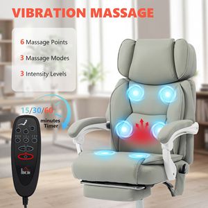 Light Gray Office Chair with High Back <b>Vibration</b> Massage Heated Reclining <b>Remote</b> Control-Swivel Wheels & Footrest - Product Image 4