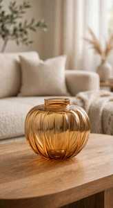 Green Art Deco Transparent Ribbed Round Borosilicate Glass Tabletop Vase for Living <b>Room</b> Dining Table Home <b>Decor</b> Diwali - Product Image 2