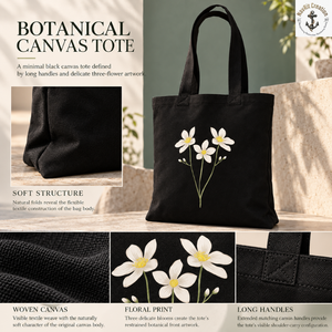 White Floral Print <b>Canvas</b> Tote with <b>Long</b> Handles | Black Botanical Shopping Shoulder Bag for Everyday Carry Daily Use and Travel - Product Image 5