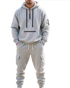 Men's Casual Sports Suit Terry Fabric 100% Cotton Quick Dry 300g Solid Multi Pocket Fashionable Hooded Two-Piece Set Winter - Product Image 3