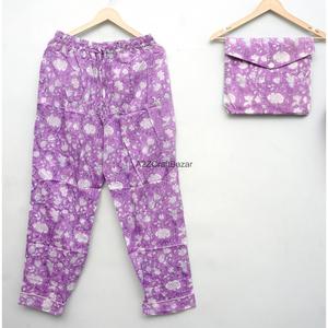 Ensemble de pyjama pour femmes fait main, imprimé floral violet, 100% coton, manches longues, taille élastique, vêtements de nuit décontractés, 2 pièces - Product Image 5
