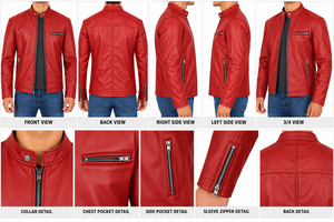 <b>Men's</b> <b>Red</b> PU <b>Leather</b> Moto <b>Jacket</b> Slim Fit Stand Collar Zipper Closure Biker Style Autumn Wear - Product Image 5