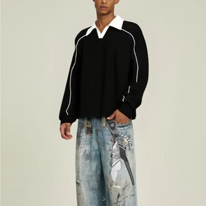 Polo de Manga Larga Negro para Hombre, Color Sólido, Tejido de Punto, Diseño Casual con Solapa, Costuras en Contraste - Product Image 2