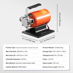 Pompa Elettrica Portatile 12V DC con Kit Tubo di Aspirazione da 6 Piedi, 360 GPH, 1/10HP, Pompa di Trasferimento Acqua con Girante - Product Image 3
