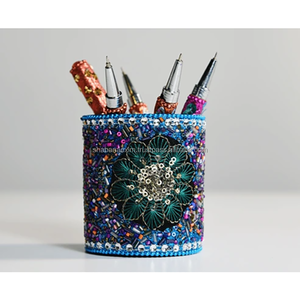 Porte-stylo décoratif en perles de laque, fait main, de luxe, avec strass, organiseur de papeterie de table pour bureau - Product Image 2