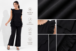 Premium Bohemian Linen/Cotton Two Piece <b>Set</b> Women's Loungewear Ruffle Top Wide Leg Pant Co-ord <b>Set</b> One <b>Set</b> XS - Product Image 6