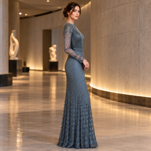 Sofisticado Vestido de Noche Gris Carbón con Cuello Redondo Alto |   Vestido Formal Largo Ajustado con Mangas Largas Transparentes y Adornos Metálicos - Product Image 3