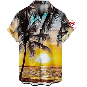 ORVO Sports <b>Men</b> <b>Hawaiian</b> <b>Shirt</b> Short Sleeve Turn Collar Palm Tree Sunset Print Breathable Summer Vacation Wear 100% Polyester - Product Image 1