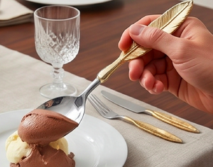 Ensemble élégant de cuillères et couteaux à fromage en acier inoxydable, manche en forme de plume doré poli, durable pour usage domestique, restaurant et hôtel - Product Image 5