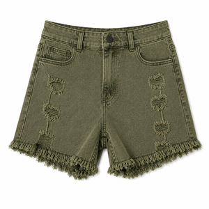 Shorts de mezclilla desgastados con dobladillo deshilachado, cintura media, casuales de algodón para mujer, estilo urbano de verano, OEM ODM - Product Image 1
