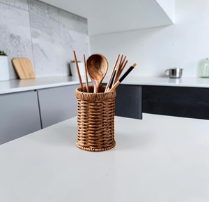 Boîte de rangement en rotin marron foncé pour ustensiles de cuisine, porte-couteaux, cuillères, bouteilles de vin et présentoir - Product Image 1