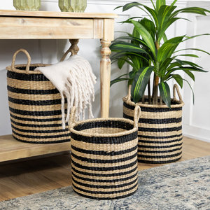 Set of 3 Khaki and <b>Black</b> <b>Woven</b> Seagrass Striped Storage <b>Baskets</b> with Handles 15.25 Inches - Product Image 4