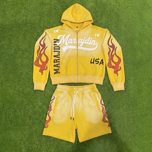 Custom <b>Flame</b> Print Acid Wash Men Zip Up Hoodie Shorts Set Heavyweight French Terry Distressed Vintage Tracksuit Gym Jogger Suit - Product Image 1