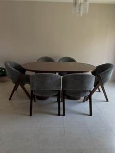 Juego de comedor ovalado contemporáneo de lujo con silla tapizada, muebles de comedor modernos de madera oscura - Product Image 3