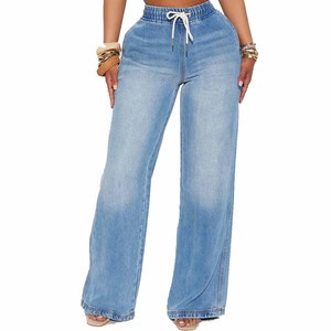 Womens Light Blue Washed Denim Wide Leg Pants <b>Elastic</b> <b>Waist</b> Drawstring Loose Fit Casual <b>Jeans</b> Trousers with Pockets Fashion - Product Image 1