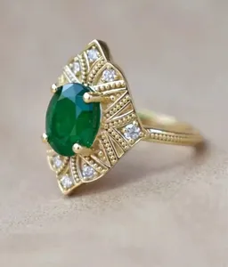 Moissanite <b>Emerald</b> Cut Engagement <b>Ring</b> Vintage Style 925 Sterling <b>Silver</b> Gold Plated Halo <b>Ring</b> Women - Product Image 2