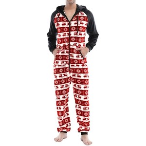 Combinaison polaire à capuche zippée pour homme, motif Noël rouge et blanc, manches longues, pyjama d'hiver, tenue décontractée douce et confortable - Product Image 1