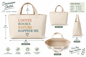กระเป๋าผ้าแคนวาสลาย Coffee Books Nature Happier Me ขนาด 18 นิ้ว กระเป๋าช้อปปิ้งอเนกประสงค์ขนาดใหญ่ สไตล์มินิมอล - Product Image 2