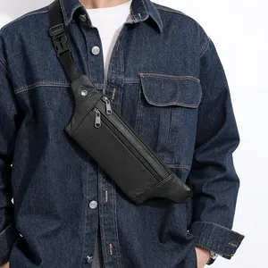 Bolso Bandolera de Cuero Negro Personalizado para Hombre, Elegante Bolso de Cintura con Múltiples Cierres, Correa Ajustable, Diseño Antirrobo - Product Image 5