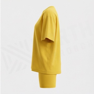 Ensemble 2 pièces pour femme, t-shirt à manches courtes en tricot jaune uni et short au-dessus du genou, col rond, coupe ample, décontracté, printemps-été - Product Image 3
