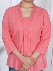 Elegant Women <b>Peach</b> Pink Casual Lace V-neck Short Sleeve 100% Cotton Breathable Tunic Kurti Style for B2B Buyer - Product Image 6