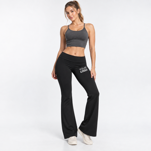 Pantalon de yoga évasé taille haute longueur intégrale noir avec logo personnalisé imprimé par transfert thermique en Spandex et Polyester extensible dans les quatre sens - Product Image 5