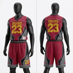 Ensemble short et maillot de basketball en maille polyester respirante 150 GSM de qualité supérieure, avec empiècements rouge et noir, imprimé personnalisé sur le devant et cordon de serrage pour équipe - Product Image 1