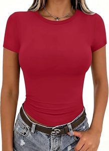 T-shirt court à col rond rouge pour femme, coupe ajustée, couleur unie, décontracté, en jersey, respirant, en coton, pour le printemps et l'été - Product Image 5