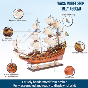 Vasa Wasa 1628, Barco de Guerra Sueco Hecho a Mano en Madera con Detalles en Latón y Base de Exhibición de Madera, Adorno Náutico para Mesa del Hogar - Product Image 6