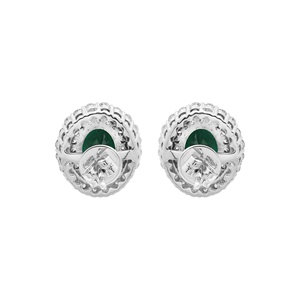 Vente en gros de boucles d'oreilles à double halo en or blanc 18 carats avec émeraude ovale naturelle et diamants, Memoria Jewels - Product Image 5