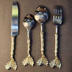 Ensemble de couverts en laiton avec motif de feuilles de chêne dorées rustiques, thème forestier, cuillère, fourchette, couteau en acier inoxydable pour la décoration de fête, écologique - Product Image 5
