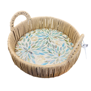 Handwoven Rattan Decorative <b>Tray</b> Mother Pearl Inlay Round Serving <b>Basket</b> Flexible Table Display Vietnam Craft - Product Image 1