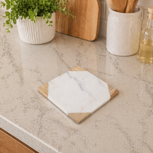 Luxury Handmade Marble Wooden Coaster <b>Set</b> Natural White Marble and Wood Coaster <b>Plate</b> Decorative Kitchen Countertop Coasters - Product Image 2