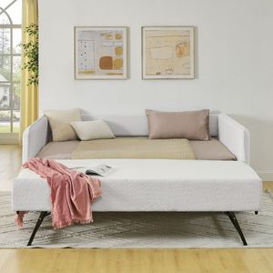 Divano letto matrimoniale in tessuto bouclé con letto estraibile, imbottito e trapuntato, beige (210x148x75 cm) - Product Image 3