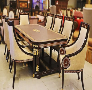 Opulent 8-seater European <b>dining</b> table set featuring silver-gold carved wooden frame and rich deep green <b>velvet</b> <b>chairs</b>. - Product Image 4